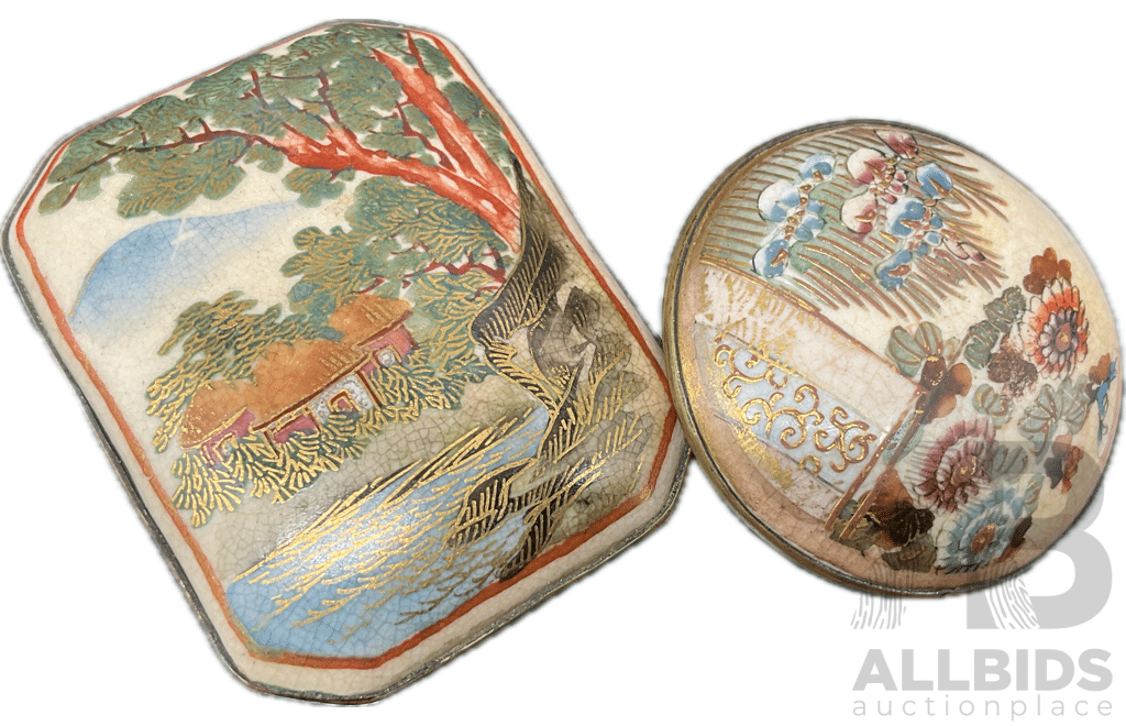 Japanese Satsuma Style Hand Painted Porcelain Gold Belt Buckle and Brooch