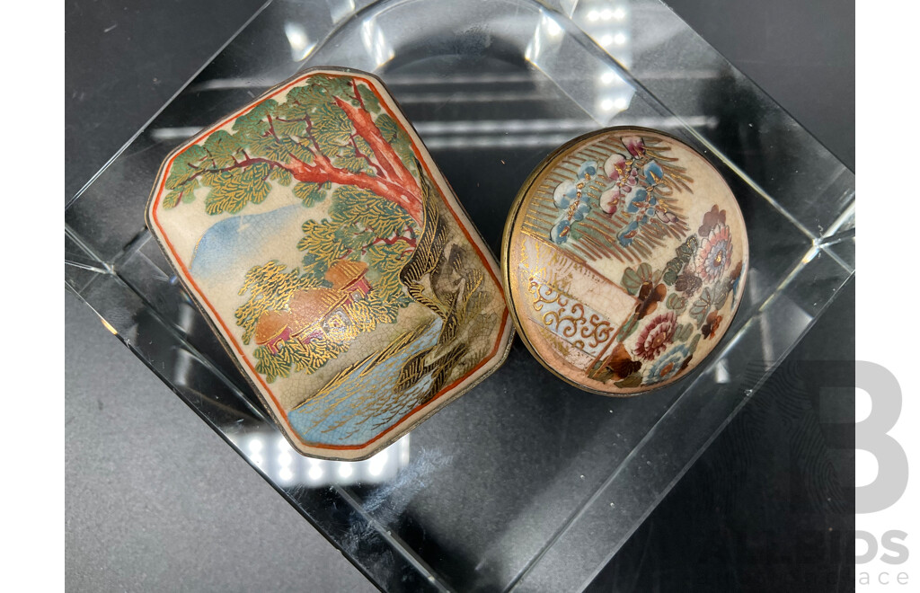 Japanese Satsuma Style Hand Painted Porcelain Gold Belt Buckle and Brooch