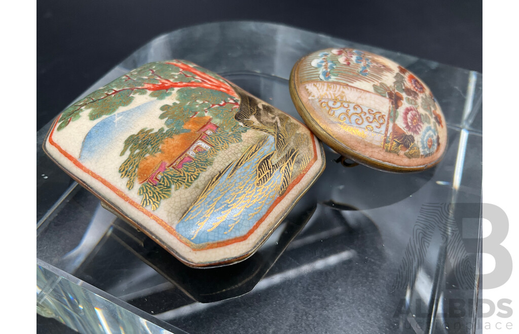 Japanese Satsuma Style Hand Painted Porcelain Gold Belt Buckle and Brooch