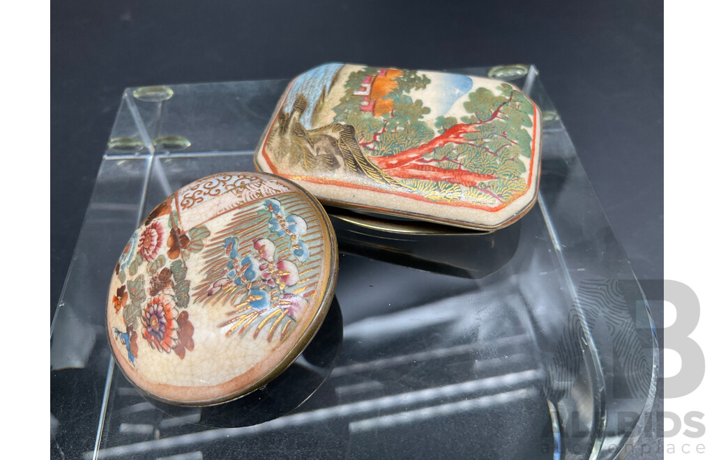 Japanese Satsuma Style Hand Painted Porcelain Gold Belt Buckle and Brooch