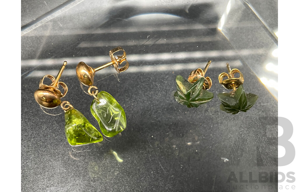 Vintage Forbidden Fruit Lucite Pear Enamel Rhinestone Pin Brooch, Sterling Silver Jadeite Brooch, Dioptase Crystal and Set of Earrings - Lot of 5