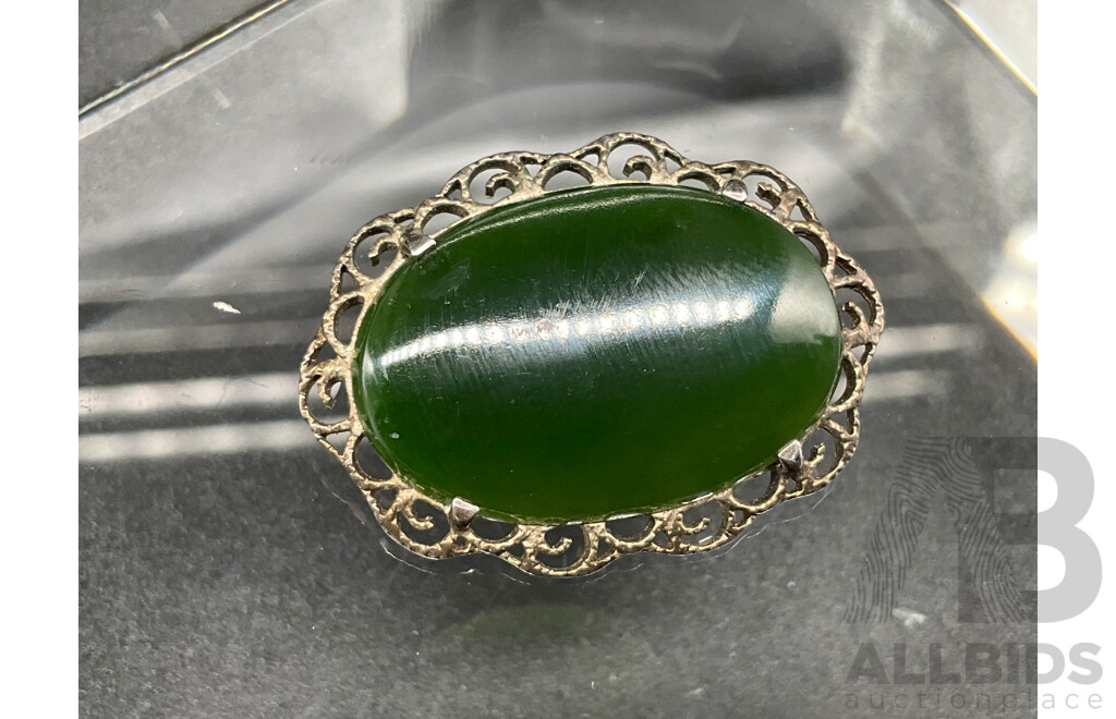 Vintage Forbidden Fruit Lucite Pear Enamel Rhinestone Pin Brooch, Sterling Silver Jadeite Brooch, Dioptase Crystal and Set of Earrings - Lot of 5