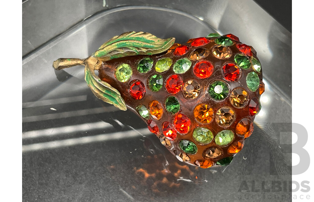 Vintage Forbidden Fruit Lucite Pear Enamel Rhinestone Pin Brooch, Sterling Silver Jadeite Brooch, Dioptase Crystal and Set of Earrings - Lot of 5
