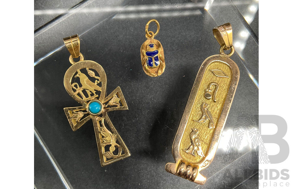 Vintage Double Sided Egyptian Cartouche Pendant, Egyptian Ankh Cross Key of Life Pharaonic Alphabet Gold Pendant and Lapis Lazuli Scarab Necklace - Lot of 3