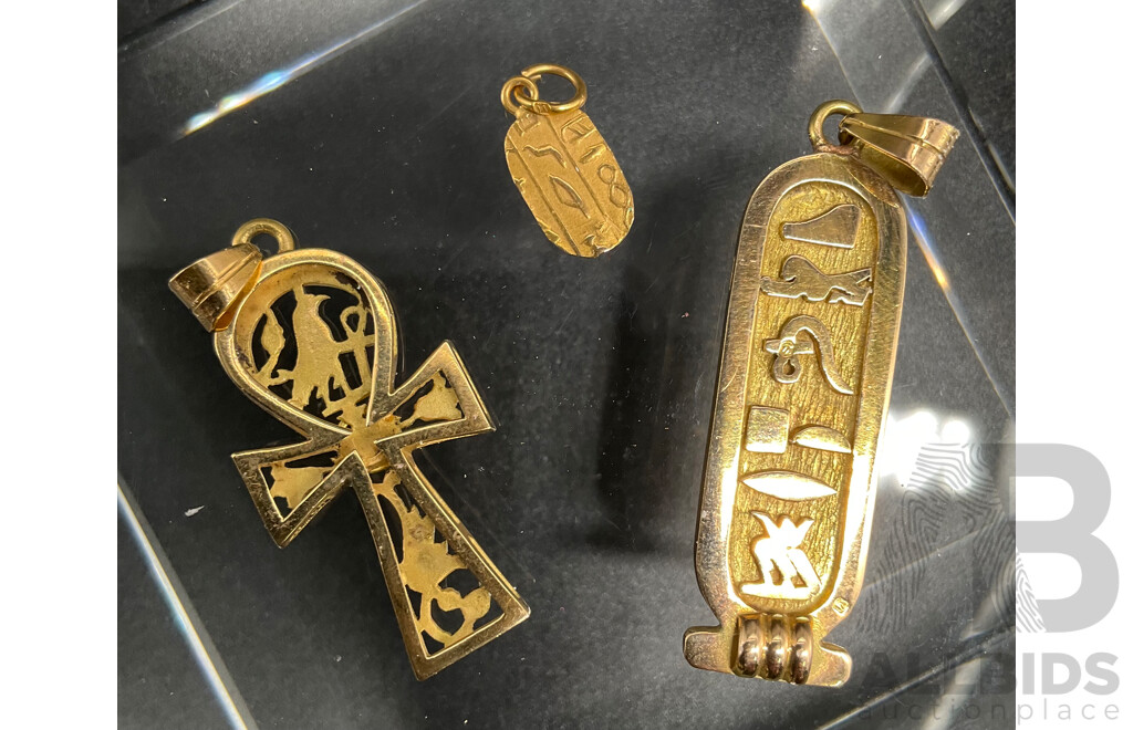 Vintage Double Sided Egyptian Cartouche Pendant, Egyptian Ankh Cross Key of Life Pharaonic Alphabet Gold Pendant and Lapis Lazuli Scarab Necklace - Lot of 3