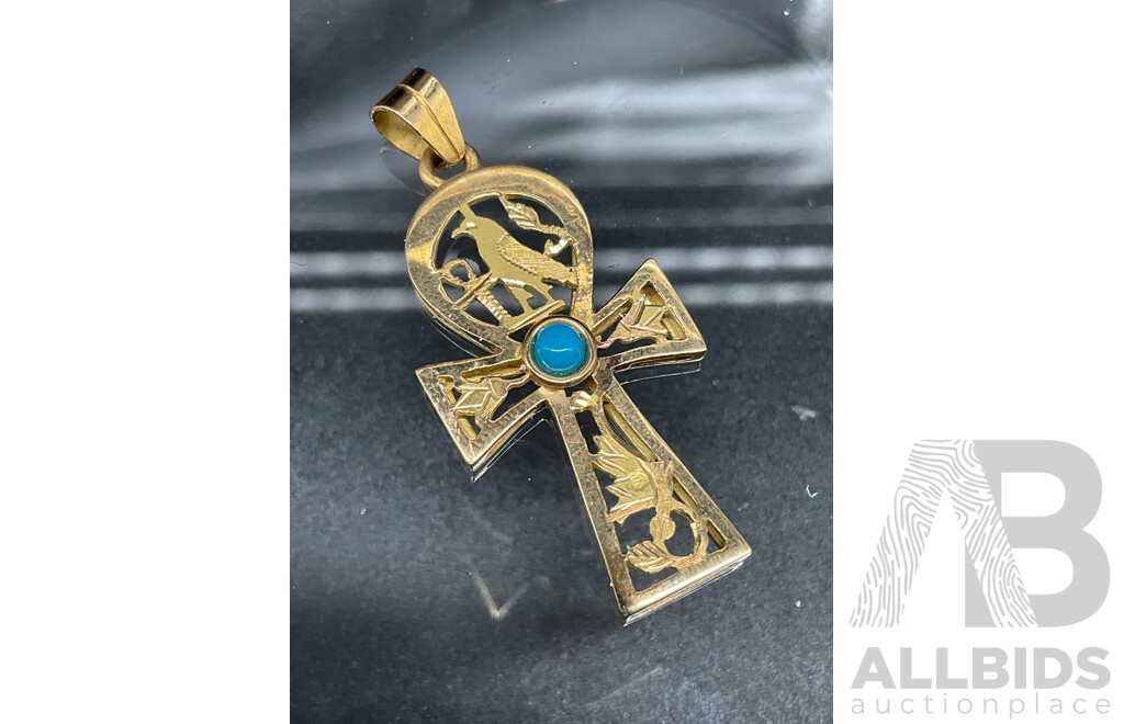 Vintage Double Sided Egyptian Cartouche Pendant, Egyptian Ankh Cross Key of Life Pharaonic Alphabet Gold Pendant and Lapis Lazuli Scarab Necklace - Lot of 3