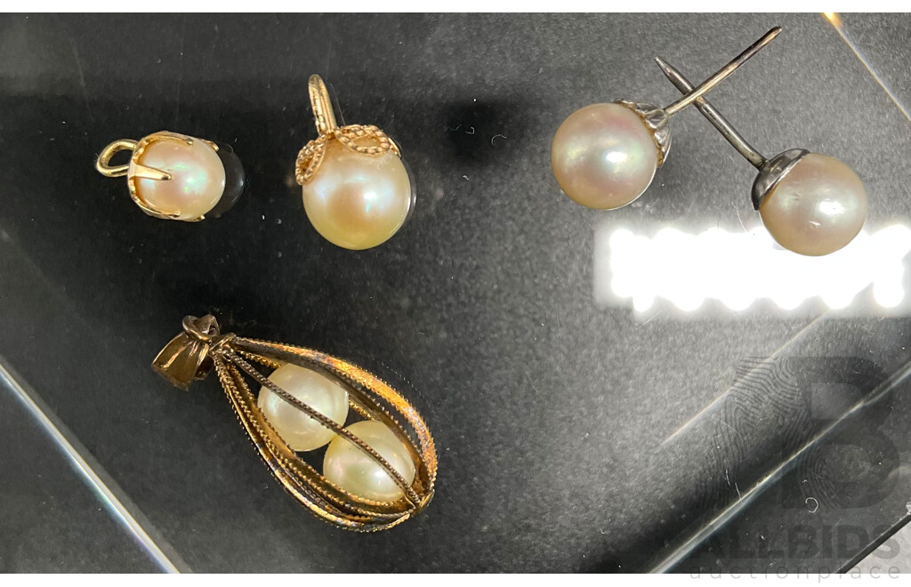 14ct Gold Necklace with Pearl Pendant, Pearl Stud Earings - Lot of 6