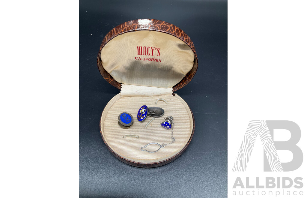 Japanese Cobalt Blue Sterling Silver and Enamel Cherry Blossom Cufflink, Ladybug Silver Tie Tack and EGC M&S Sterling Silver Cufflink - Lot of 3