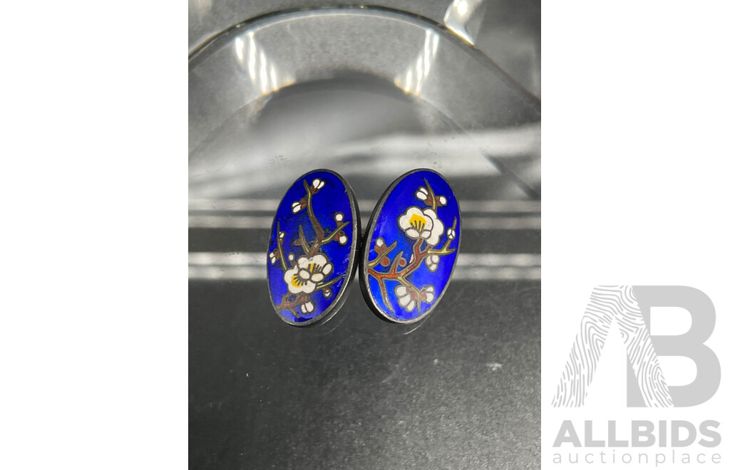 Japanese Cobalt Blue Sterling Silver and Enamel Cherry Blossom Cufflink, Ladybug Silver Tie Tack and EGC M&S Sterling Silver Cufflink - Lot of 3