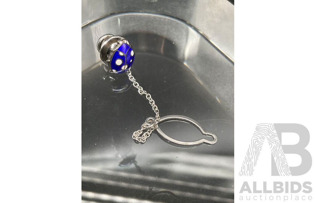 Japanese Cobalt Blue Sterling Silver and Enamel Cherry Blossom Cufflink, Ladybug Silver Tie Tack and EGC M&S Sterling Silver Cufflink - Lot of 3