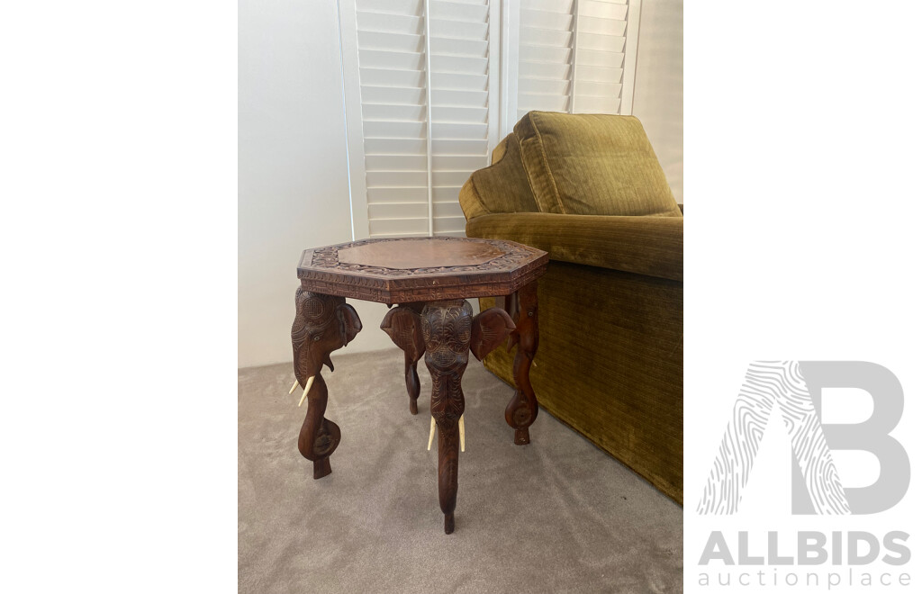 Octagonal Teak Side Table with Carved Elephant Form Supports