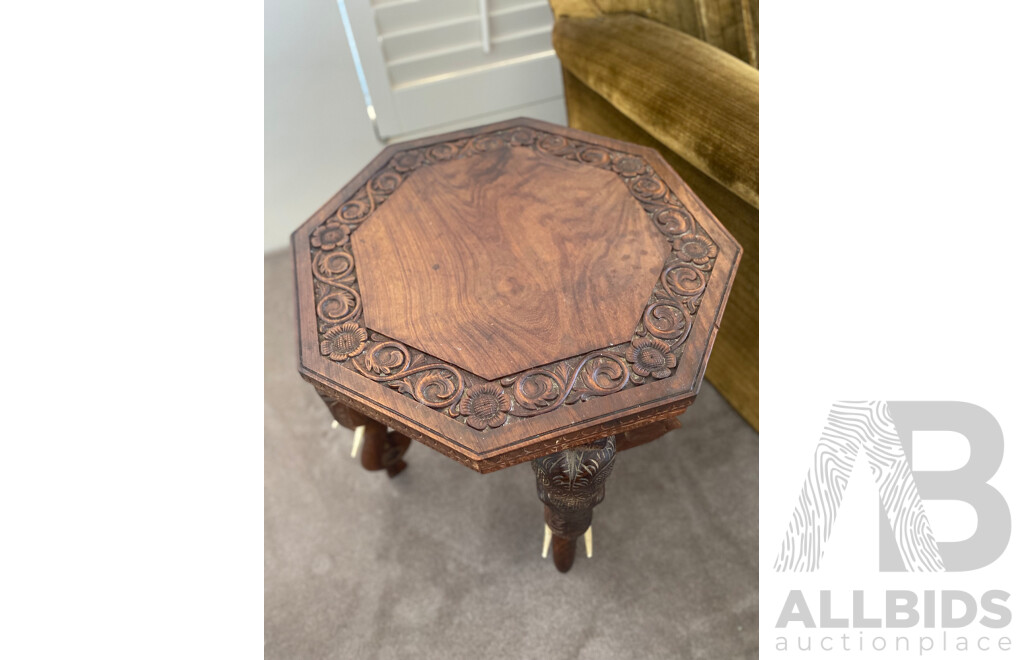 Octagonal Teak Side Table with Carved Elephant Form Supports