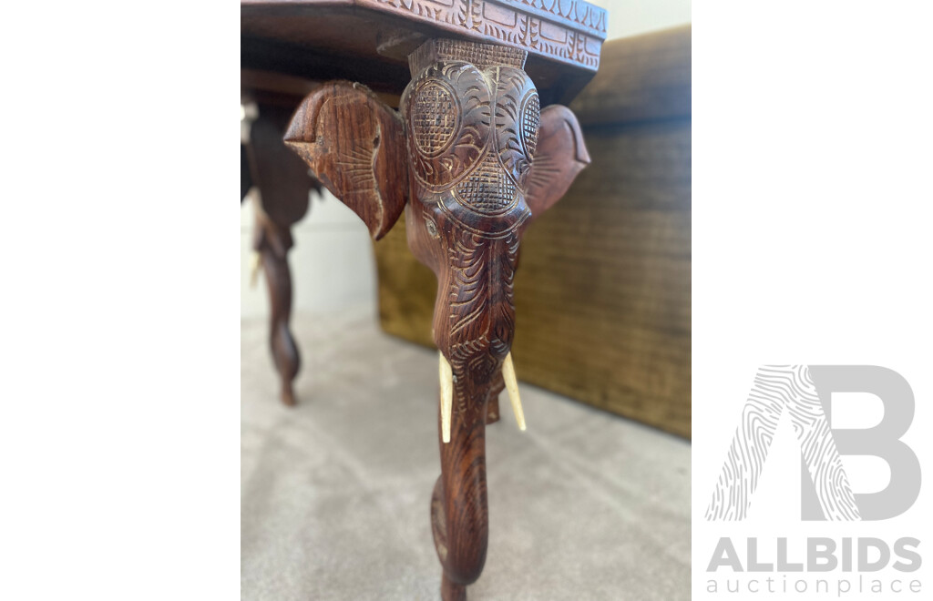 Octagonal Teak Side Table with Carved Elephant Form Supports