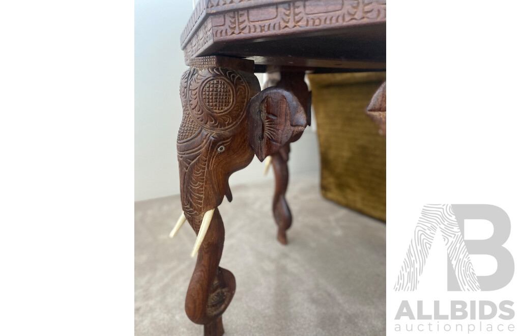Octagonal Teak Side Table with Carved Elephant Form Supports