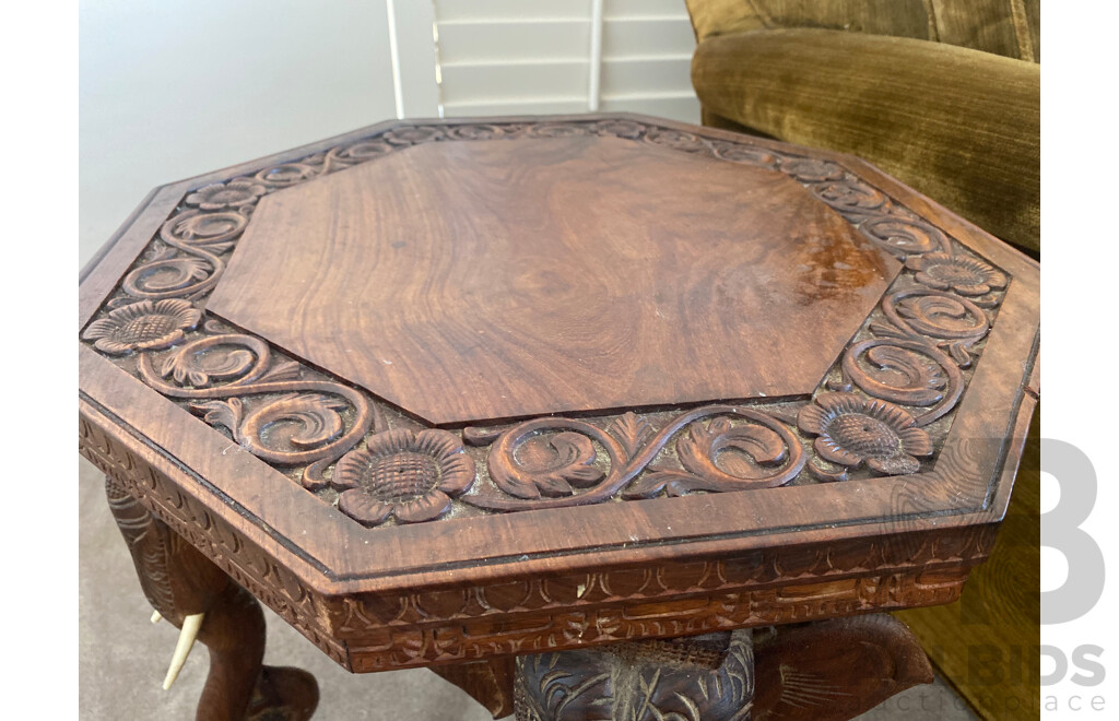 Octagonal Teak Side Table with Carved Elephant Form Supports