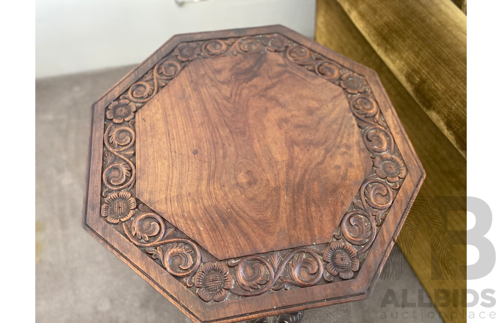 Octagonal Teak Side Table with Carved Elephant Form Supports