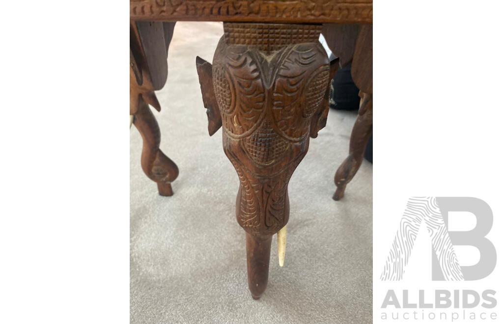 Octagonal Teak Side Table with Carved Elephant Form Supports