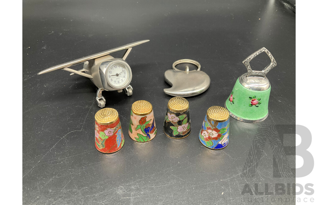 Set of Four Vintage Chinese Cloisonne Sewing Thimble, Bell, Metal Herat Keychain and QUARTZ Japan Vintage Aeroplane Table Clock ''Friend of the RFDS Southern Eastern Section'' - Lot of 4