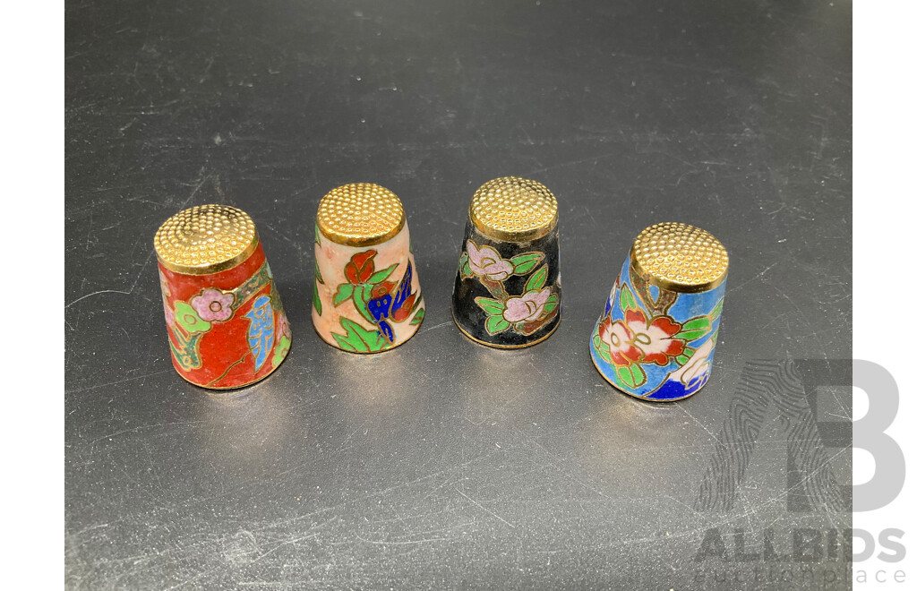 Set of Four Vintage Chinese Cloisonne Sewing Thimble, Bell, Metal Herat Keychain and QUARTZ Japan Vintage Aeroplane Table Clock ''Friend of the RFDS Southern Eastern Section'' - Lot of 4