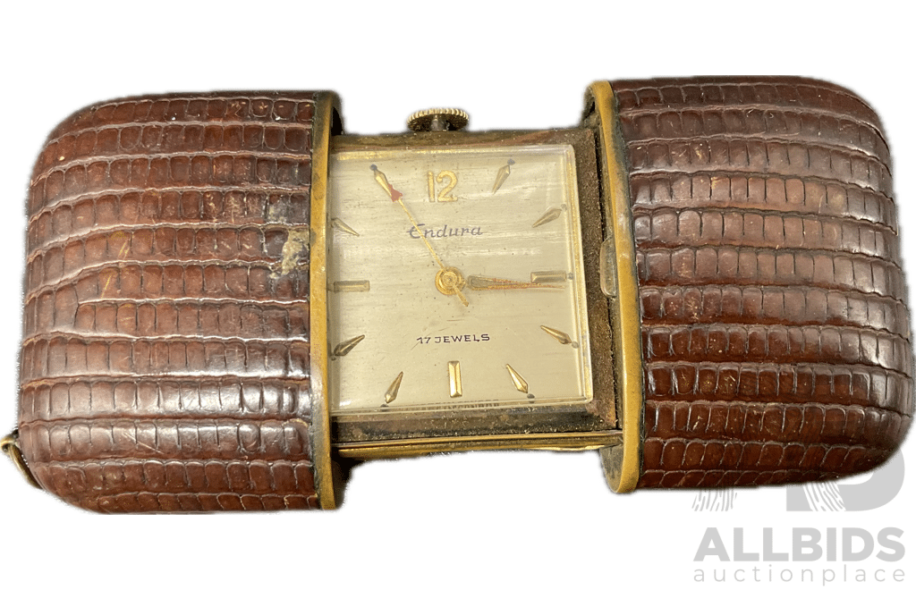 1950's ENDURA 17 Jewel Convertible Brown Skin Slide Style Purse Watch