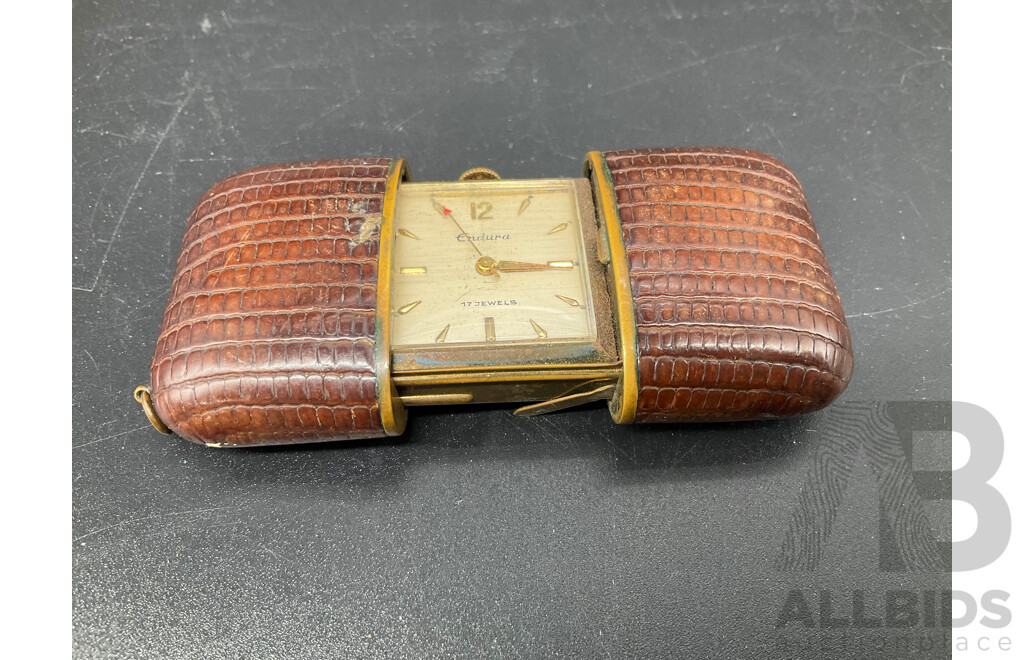 1950's ENDURA 17 Jewel Convertible Brown Skin Slide Style Purse Watch