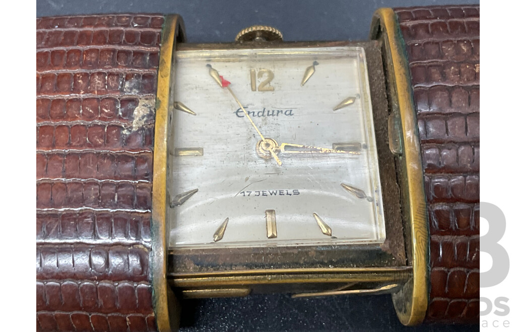 1950's ENDURA 17 Jewel Convertible Brown Skin Slide Style Purse Watch
