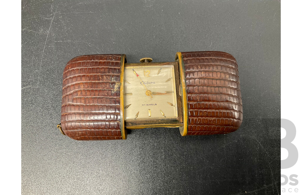 1950's ENDURA 17 Jewel Convertible Brown Skin Slide Style Purse Watch