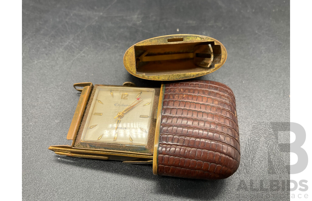 1950's ENDURA 17 Jewel Convertible Brown Skin Slide Style Purse Watch
