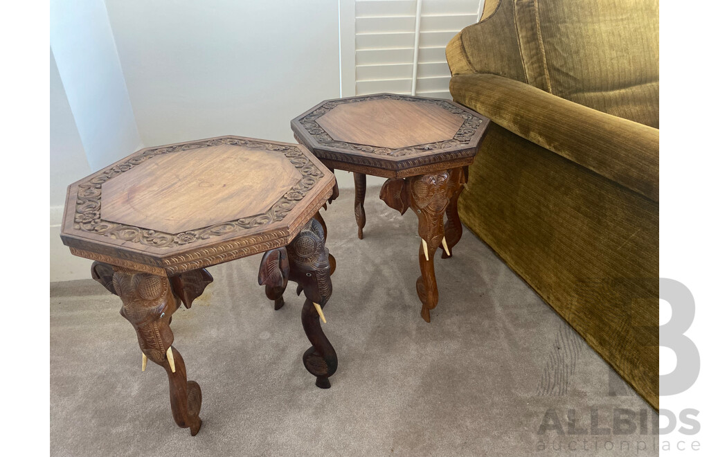 Pair of Octagonal Teak Side Tables with Carved Elephant Form Supports