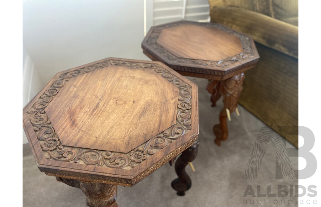 Pair of Octagonal Teak Side Tables with Carved Elephant Form Supports