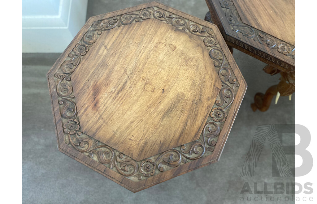 Pair of Octagonal Teak Side Tables with Carved Elephant Form Supports