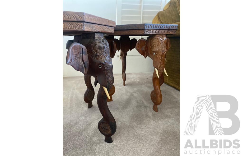 Pair of Octagonal Teak Side Tables with Carved Elephant Form Supports