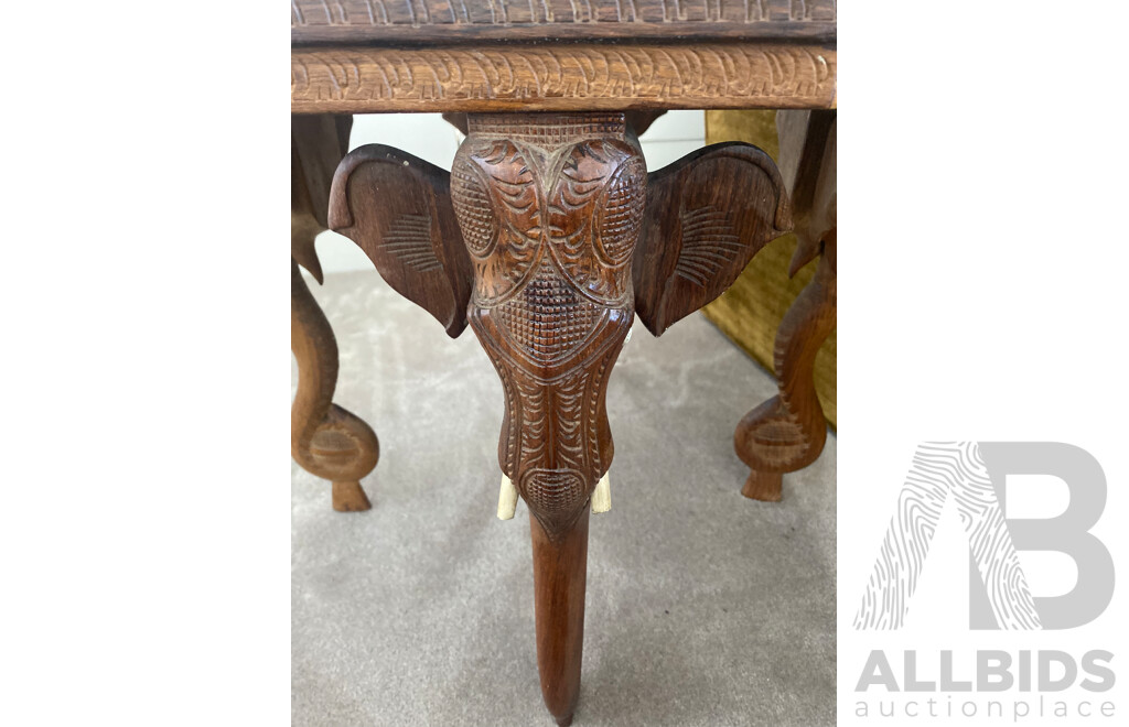 Pair of Octagonal Teak Side Tables with Carved Elephant Form Supports