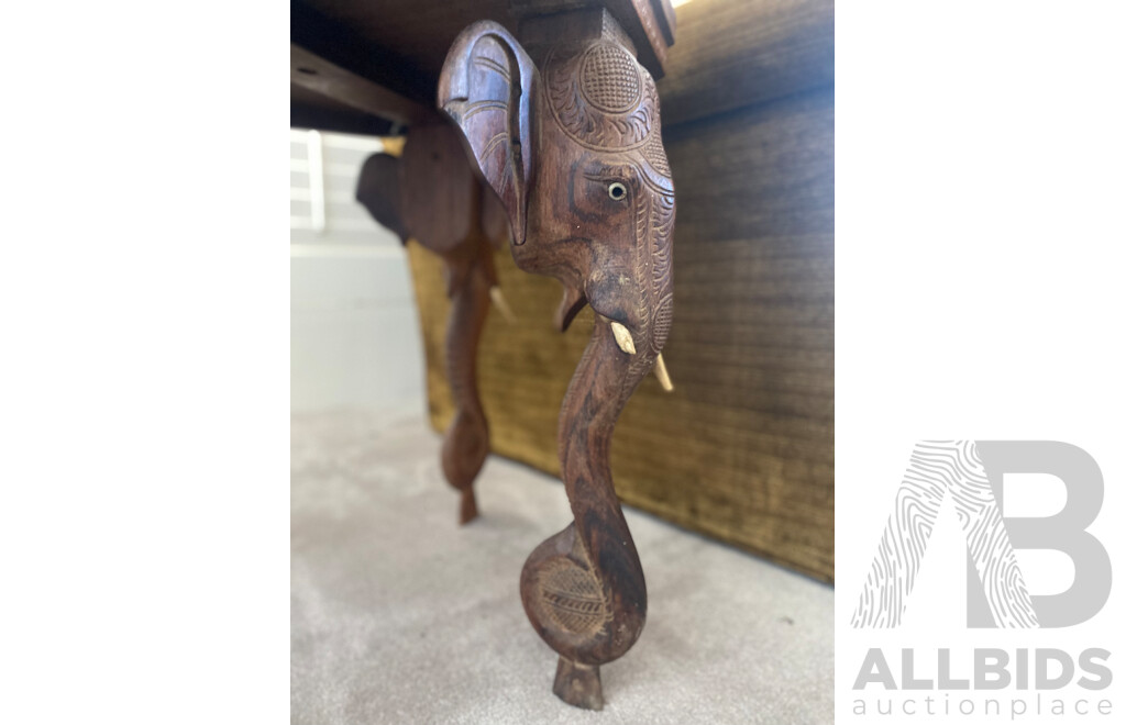 Pair of Octagonal Teak Side Tables with Carved Elephant Form Supports