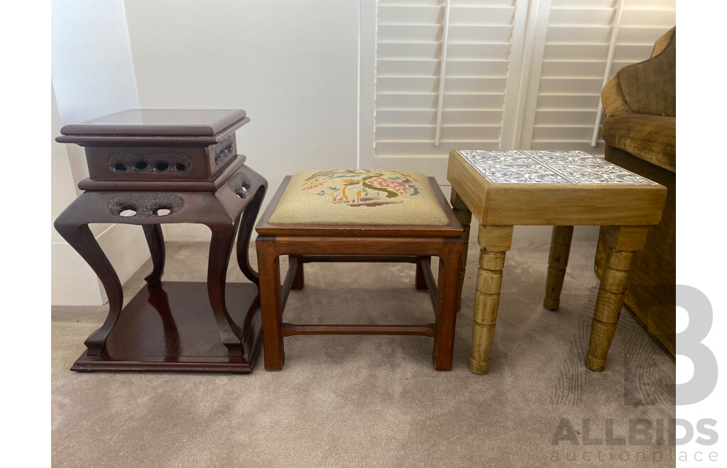Chinese Rosewood Jardiniere Stand, John Duffecy Stool and Another