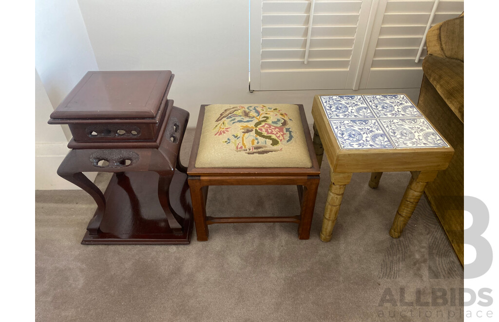 Chinese Rosewood Jardiniere Stand, John Duffecy Stool and Another