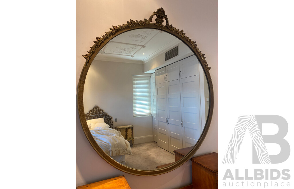 Oversized Gilt Framed Circular Mirror with Wreath Surmount