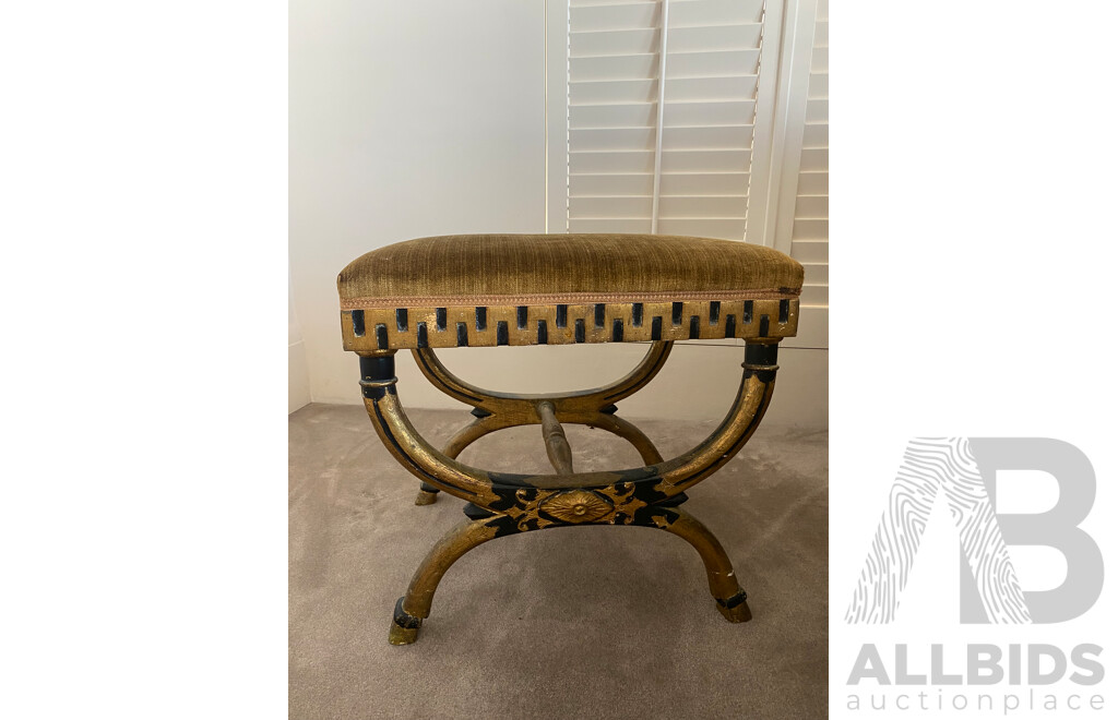 Gilt and Ebonised Savonarola Chair with Velvet Upholstery