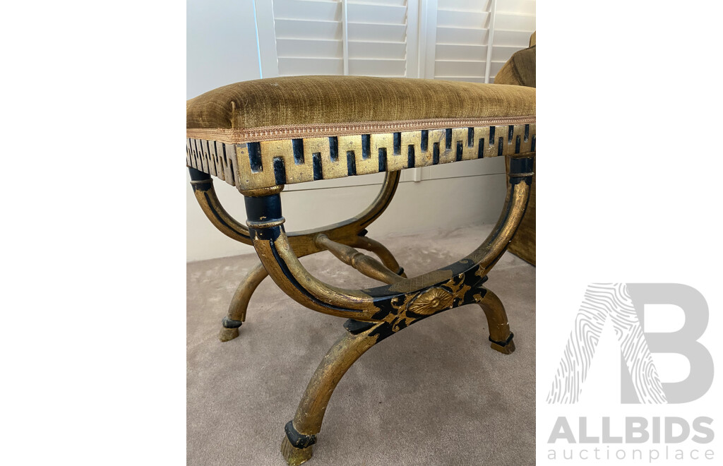 Gilt and Ebonised Savonarola Chair with Velvet Upholstery