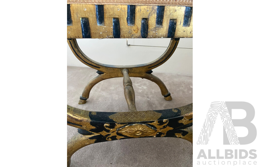 Gilt and Ebonised Savonarola Chair with Velvet Upholstery