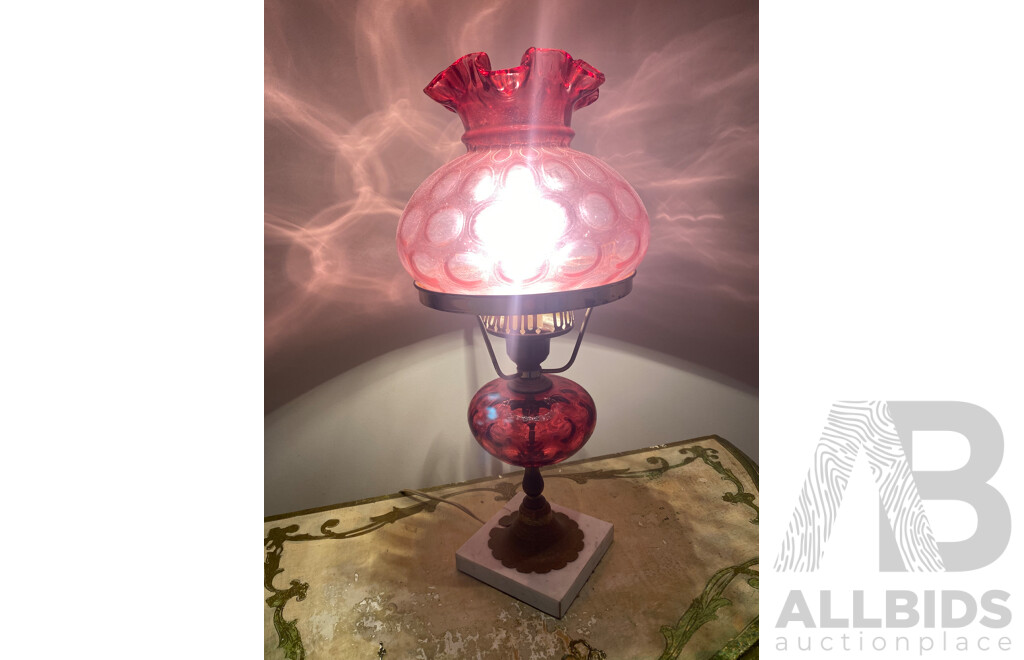 Rose Tinted Glass Lantern Converted to Electric with Marble Base