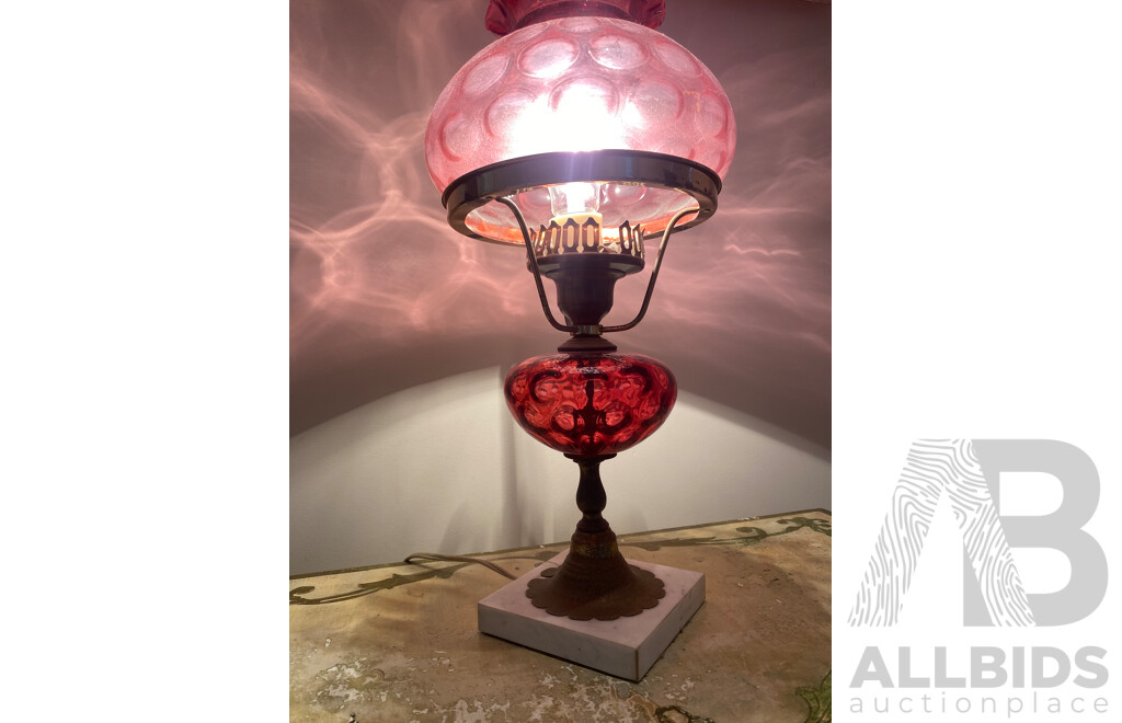 Rose Tinted Glass Lantern Converted to Electric with Marble Base