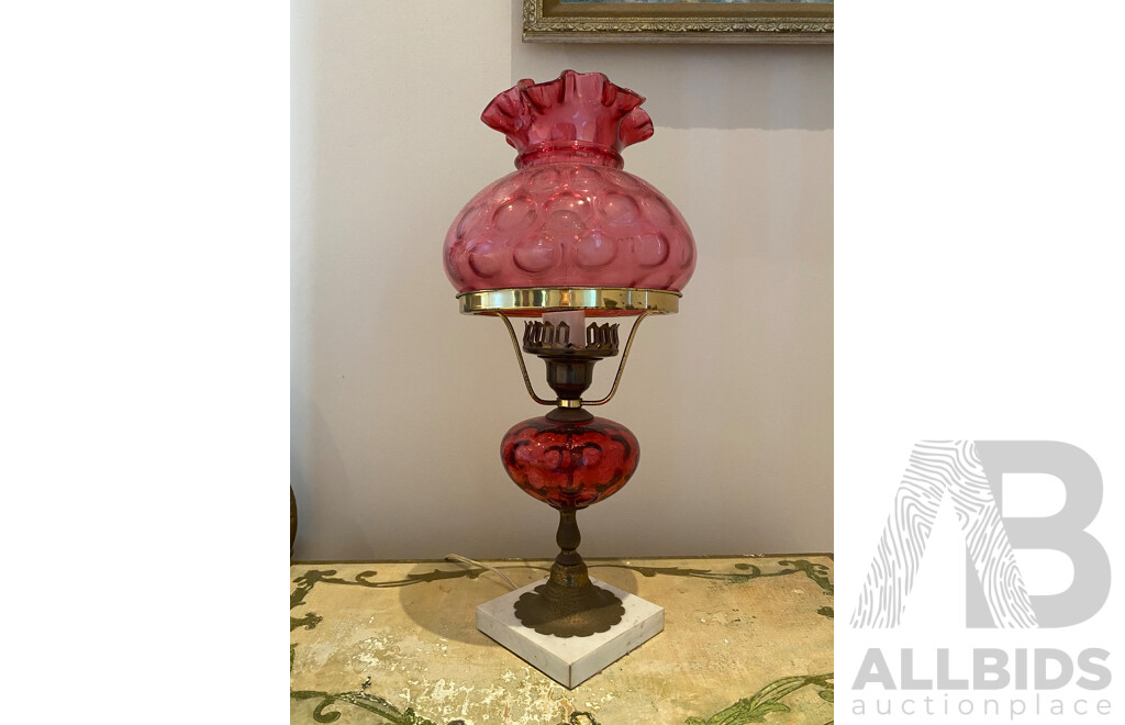 Rose Tinted Glass Lantern Converted to Electric with Marble Base