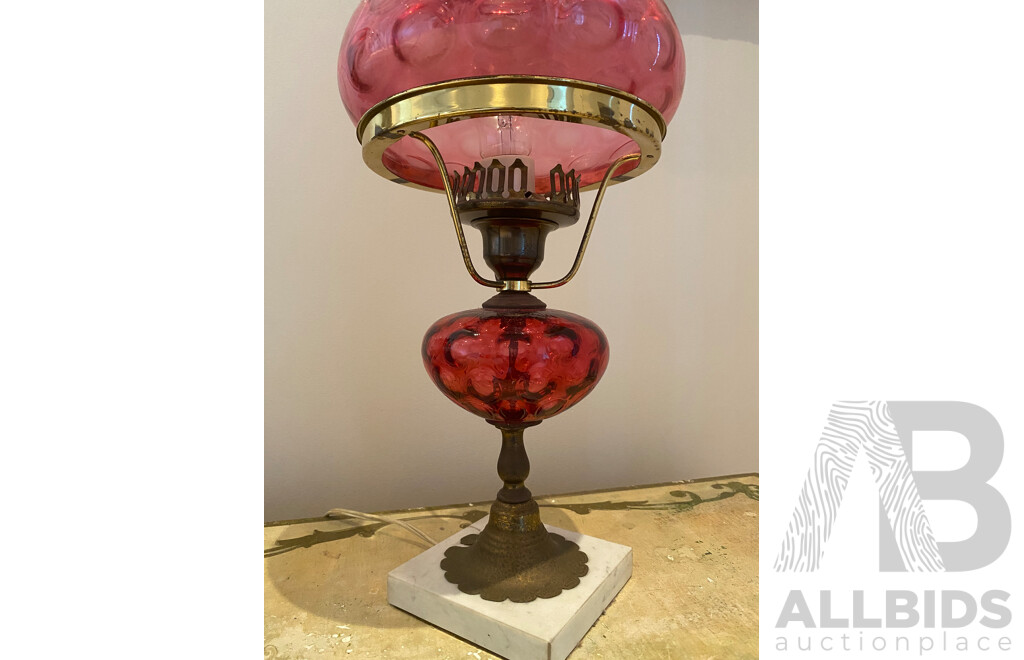 Rose Tinted Glass Lantern Converted to Electric with Marble Base