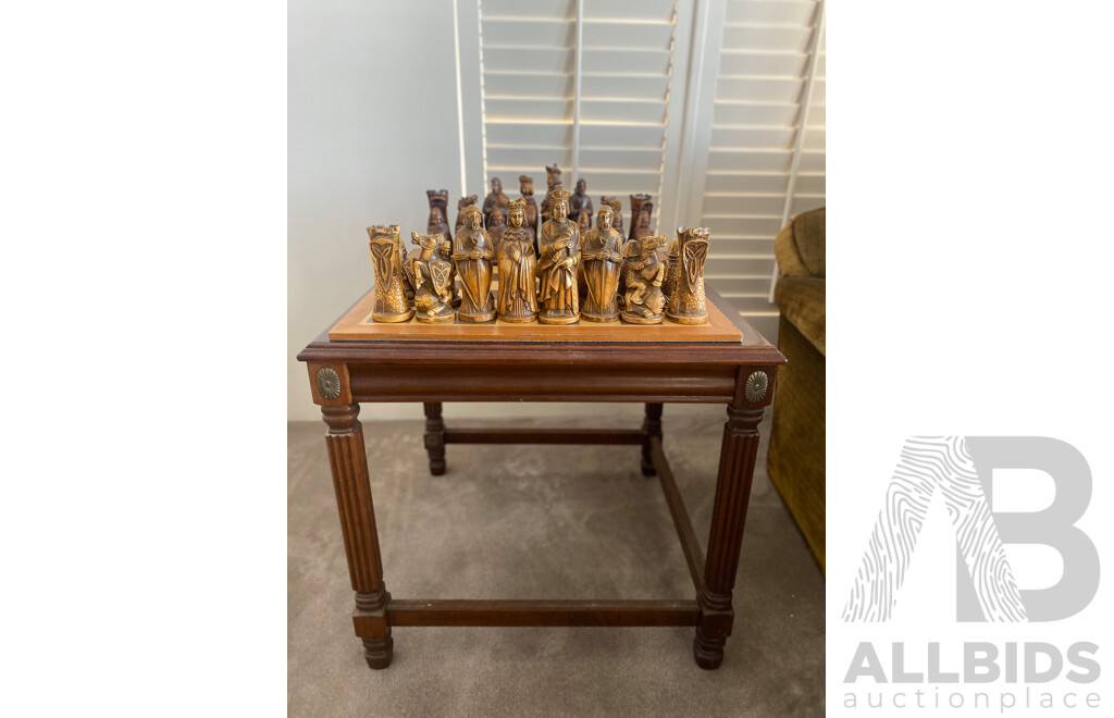 Oversize Composite Chess Set on Mahogany Side Table