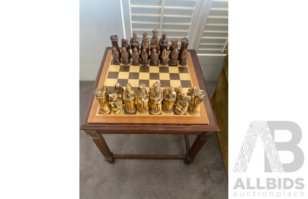 Oversize Composite Chess Set on Mahogany Side Table