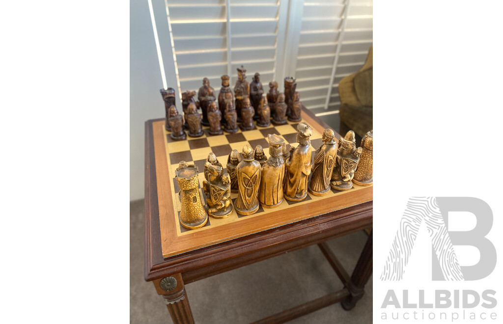 Oversize Composite Chess Set on Mahogany Side Table
