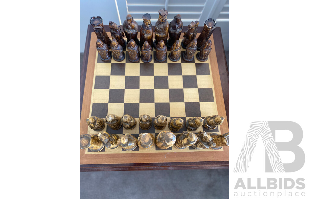 Oversize Composite Chess Set on Mahogany Side Table