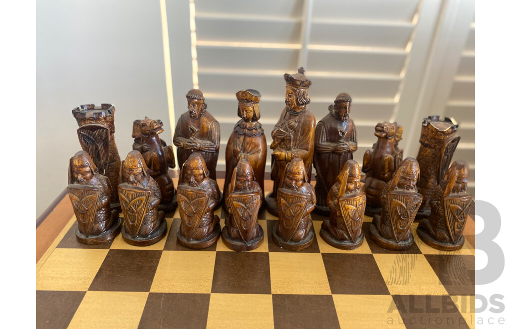 Oversize Composite Chess Set on Mahogany Side Table