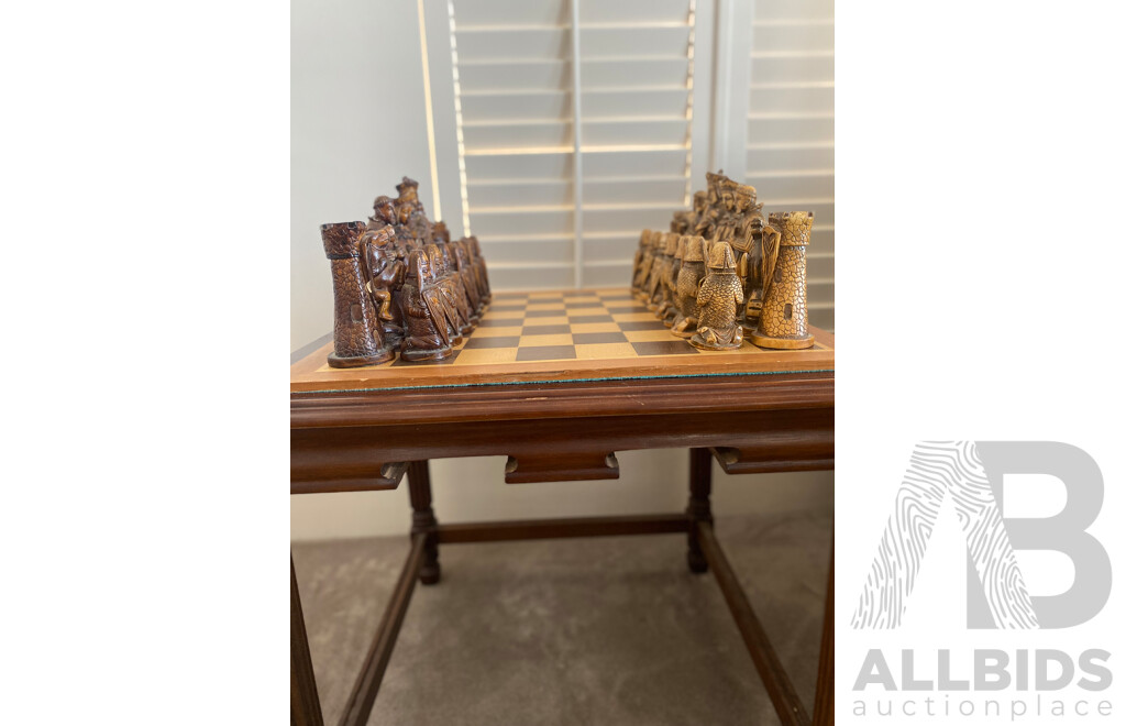 Oversize Composite Chess Set on Mahogany Side Table
